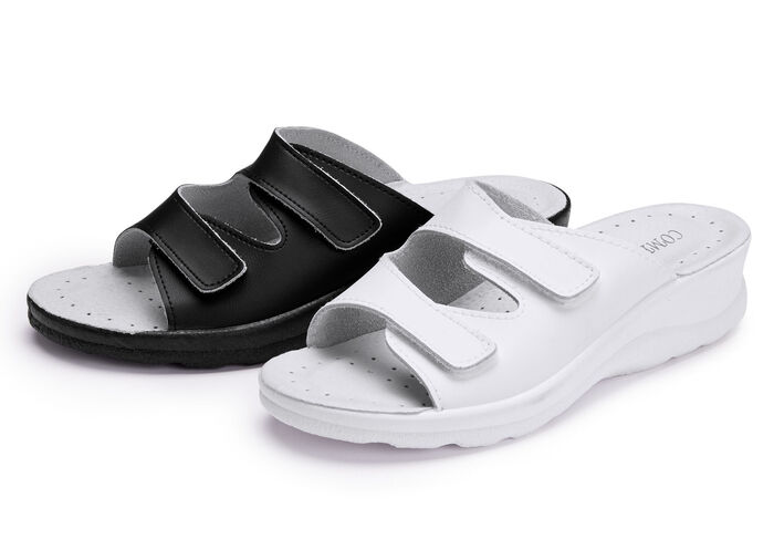 Zweierpack klassische Damen-Pantoletten, Weite H, mit Klettverschluss 1X WEISS, 1X SCHWARZ