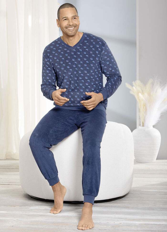 Schlafanzug aus Frottierstretch mit B&uuml;ndchenabschl&uuml;ssen 