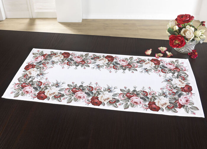 Aussdrucksstarke Tischdecke mit bezauberndem Rosen-Dessin ECRU-BUNT