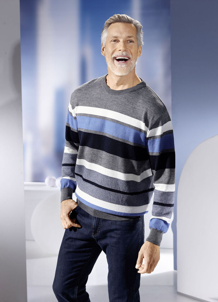 Rundhalspullover mit Strukturmix allover GRAU-MARINE-BLEU-ECRU