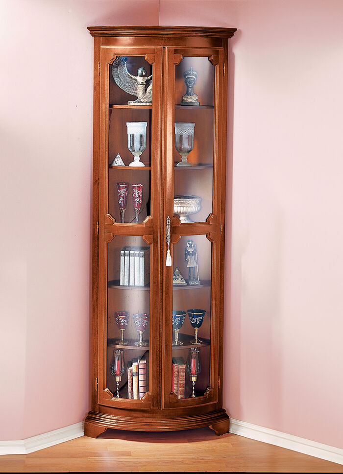 Teilmassive Eckvitrine mit gebogenen Glastüren mit Schloss NUSSBAUM