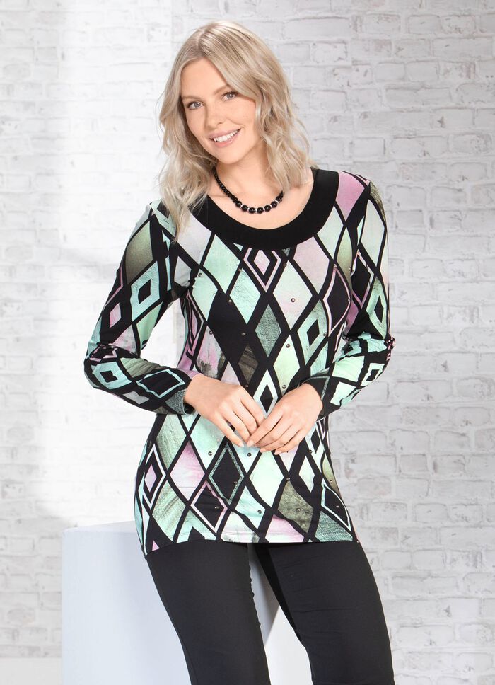 Ausdruckvolles Longshirt mit schwarzer Blende 