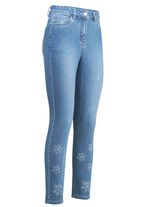 Jeans mit floralen Lochstickereien und Strasssteinchen 