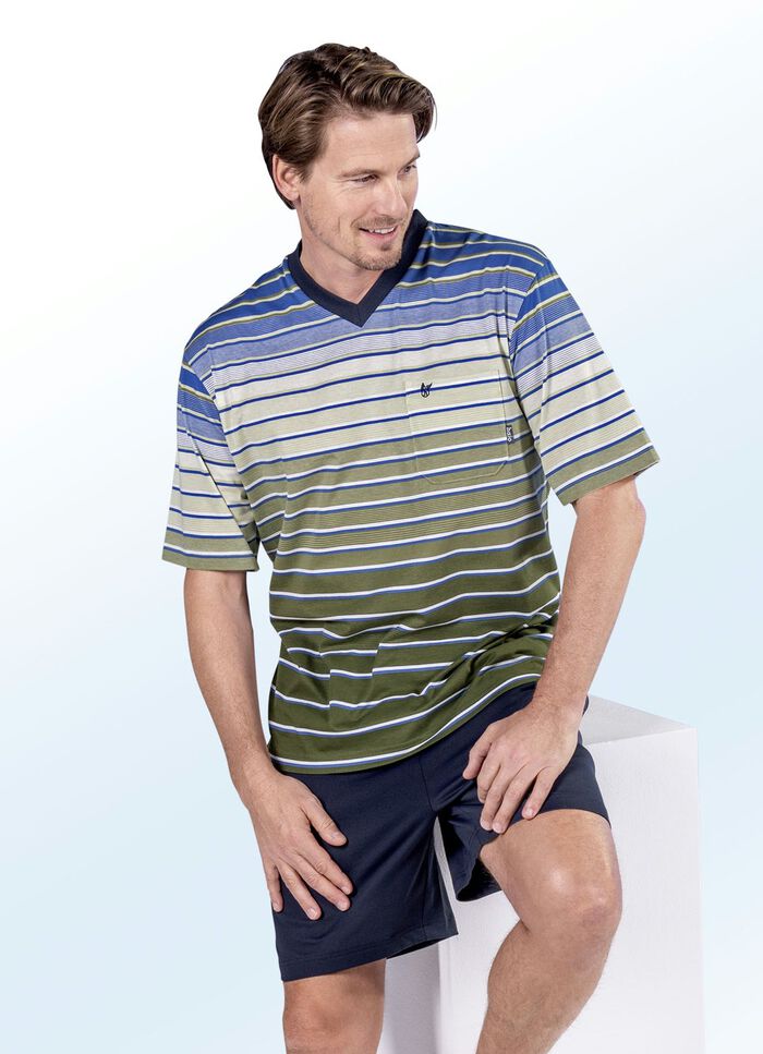 Hajo Klima Komfort Shorty mit V-Ausschnitt, garngef&auml;rbtem Ringel, Brusttasche 