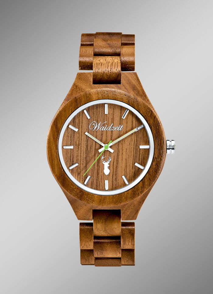 Herrenuhr der Marke Waidzeit, komplett gefertigt aus naturbelassenem Walnussholz 