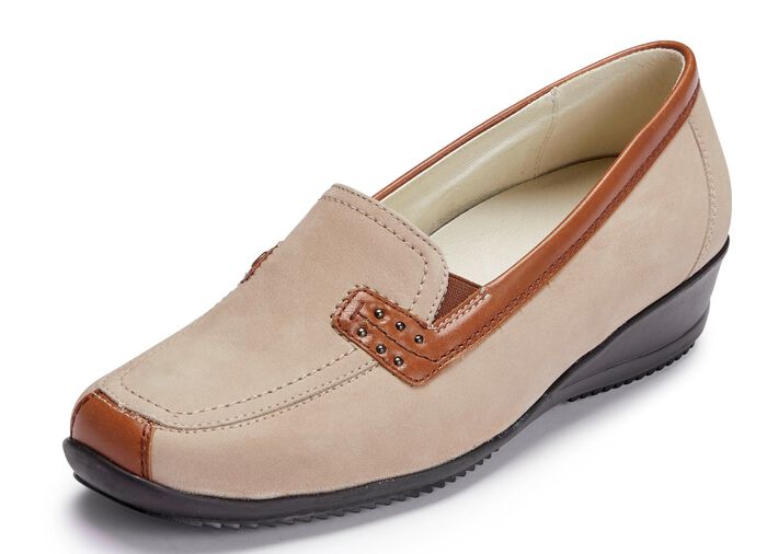 Waldl&auml;ufer, bequeme Damen-Slipper, Weite H, mit herausnehmbarem Fu&szlig;bett BEIGE-COGNAC