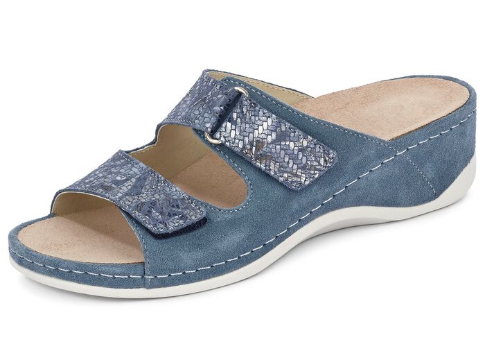 Mubb, bequeme Damen-Pantoletten, Weite H, mit herausnehmbarem Fu&szlig;bett JEANSBLAU