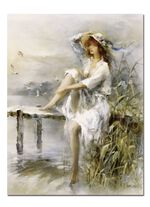 Bild Nachdenkliche Frau an einem Idyllischen See vom K&uuml;nstler Willem Haenraets 