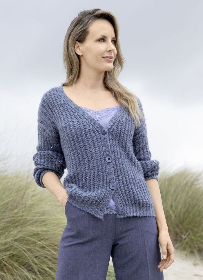 Strickjacke mit Paillettengarn JEANSBLAU MELIERT