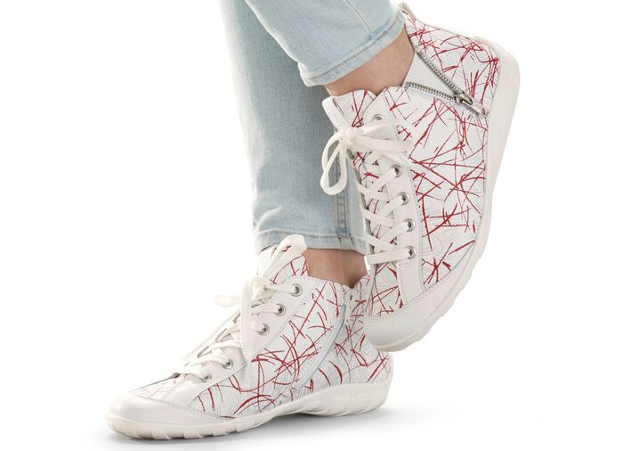 Remonte Schn&uuml;r-Stiefelette aus effektvoll bedrucktem Nappaleder WEISS-ROT