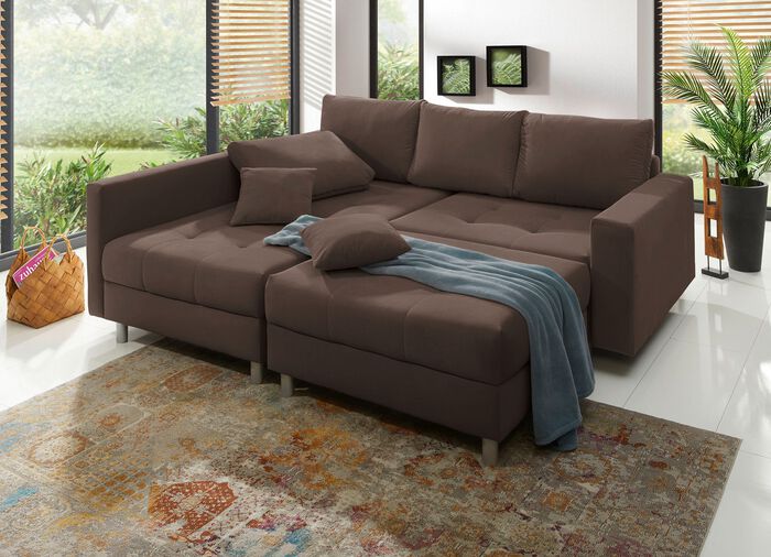 Polsterm&ouml;bel mit Hocker und Kissen BRAUN