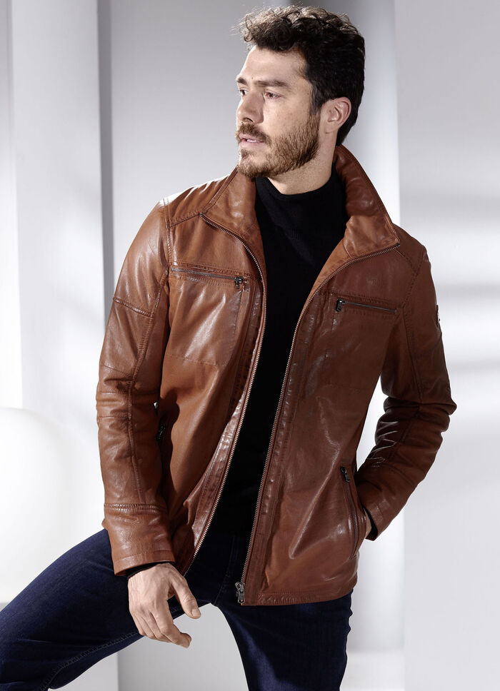 Lederkurzjacke mit Stehumlegekragen ANTIKCOGNAC