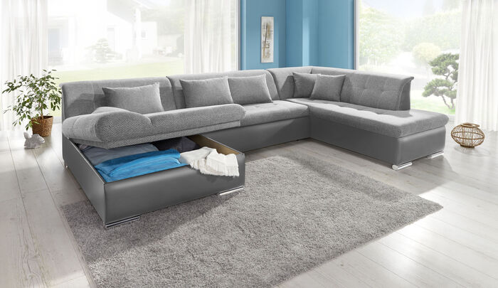 Wohnlandschaft mit Bettfunktion GRAU-SILBER