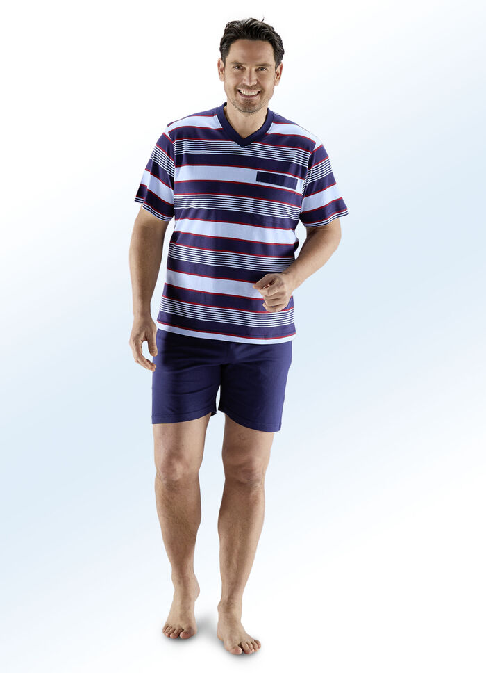 Zweierpack Shortys mit V-Ausschnitt, Brusttasche, garngefärbtem Ringeldessin