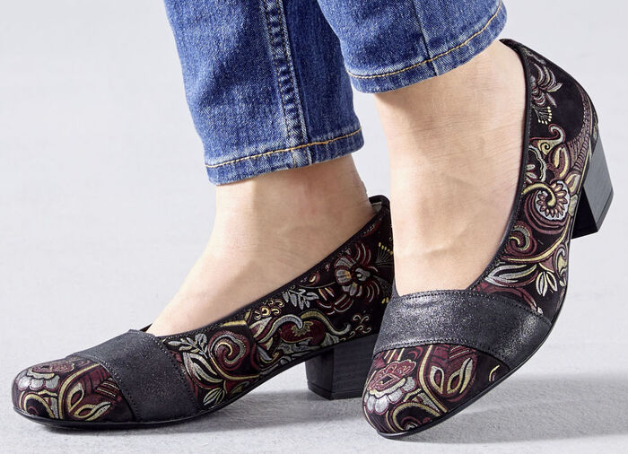Waldläufer, bequeme Damen-Pumps, Weite K, mit herausnehmbarem Fußbett SCHWARZ-BUNT