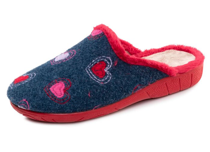 Laurina, warme Damen-Hausschuhe, mit Pl&uuml;sch BLAU-ROT