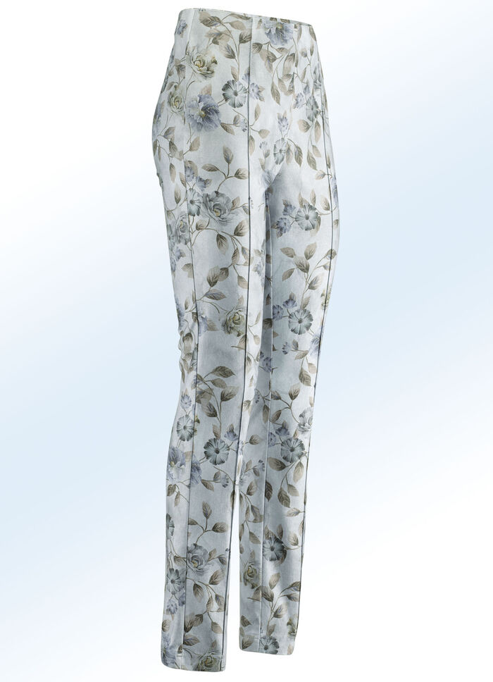 Hose mit farbharmonischer Floraldessinierung BLEU-SAND-GRAU