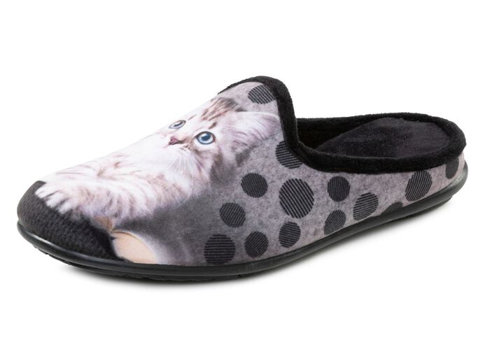 Laurina, klassische Damen-Hausschuhe, mit Katzen-Motiv SCHWARZ-MULTICOLOR