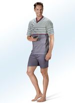 Zweierpack Shortys mit V-Ausschnitt und Ringeldruck vorne 1X ROT-SCHWARZ, 1X LINDGRÜN-GRAU