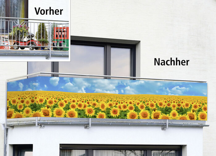 Balkonsichtschutz mit Sonnenblumen-Motiv 