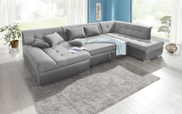 Wohnlandschaft mit Bettfunktion GRAU-SILBER