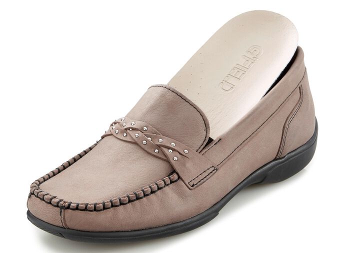 ELENA EDEN, bequeme Damen-Slipper, Weite H, mit herausnehmbarem Fu&szlig;bett TAUPE