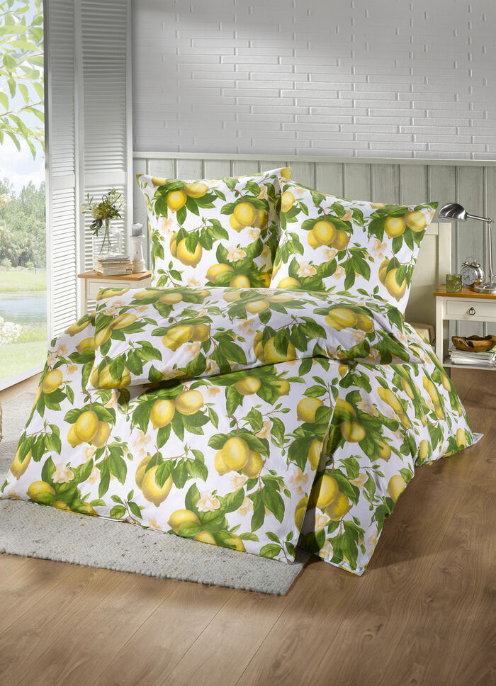 Beidseitig bedruckte Bettwäsche-Garnitur mit Zitronen-Dessin GELB