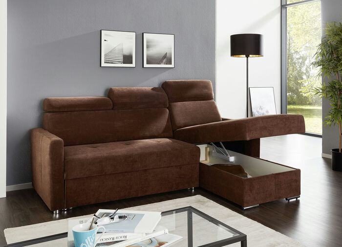 Polsterecke mit Schlaffunktion und Bettkasten BRAUN