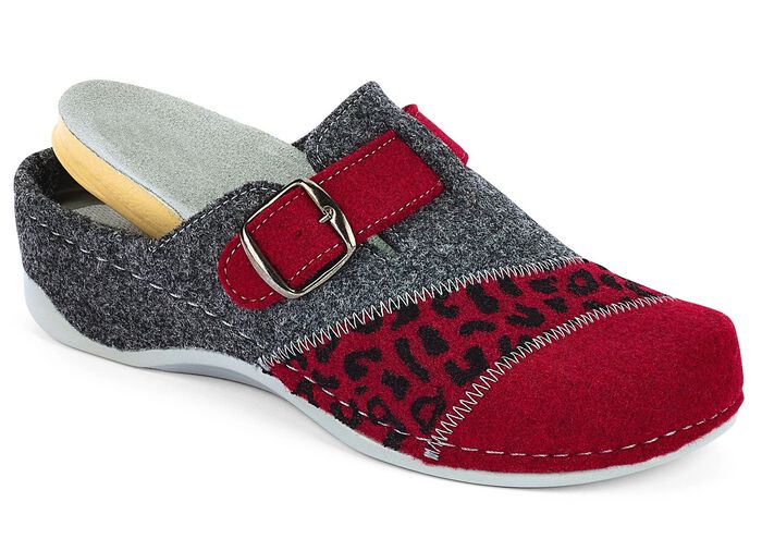 Mubb, klassische Damen-Hausschuhe, Weite H, mit herausnehmbarem Fu&szlig;bett GRANATROT-ANTHRAZIT