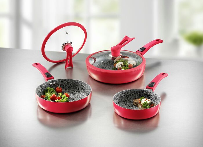Profi-Pfannen-Set, 7-teilig, mit innovativen Standdeckeln ROT