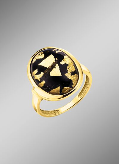 Unikat: Damenring mit Onyx, beh. und Bergkristall mit Blattgold-Triplette 