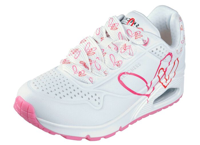 SKECHERS Schn&uuml;r-Sneaker mit niedlichen Herzchen bedruckt WEISS-PINK