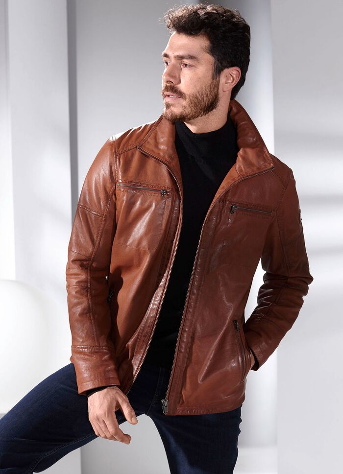 Lederkurzjacke mit Stehumlegekragen ANTIKCOGNAC