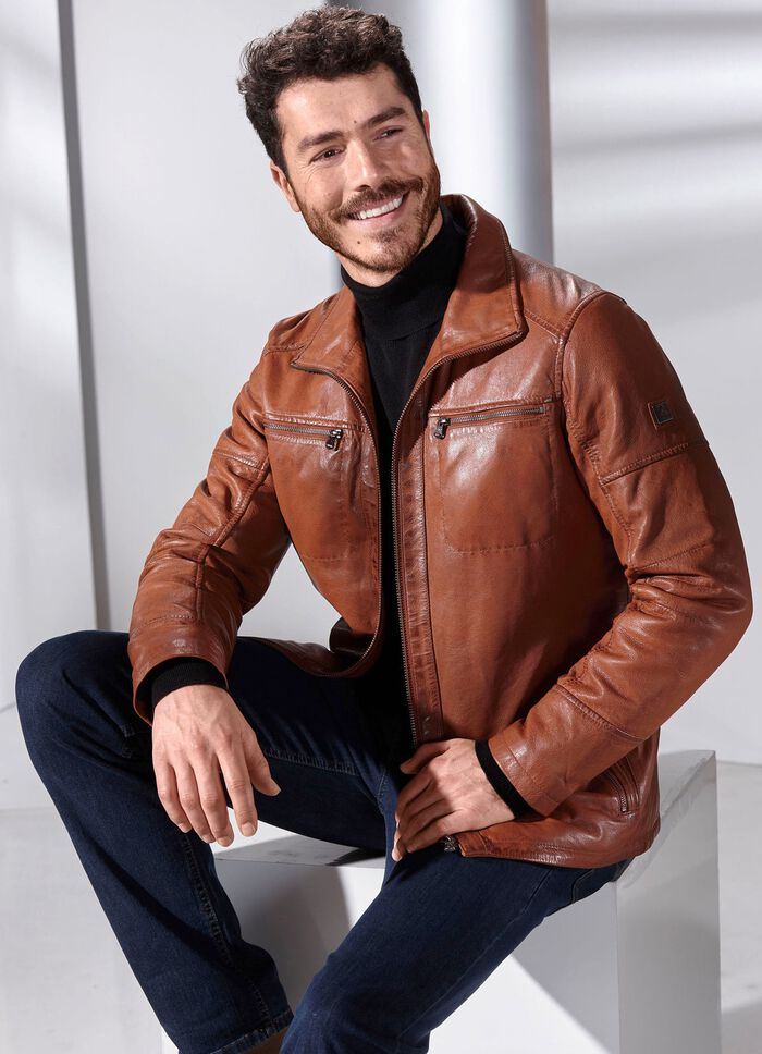 Lederkurzjacke mit Stehumlegekragen 