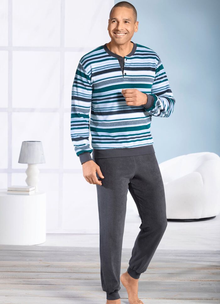 Schlafanzug aus Frottierstretch, mit Knopfleiste und B&uuml;ndchenabschl&uuml;ssen 