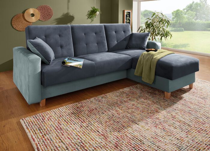 Polsterecke mit Bettfunktion und 2 Dekokissem HELLBLAU-DUNKELBLAU