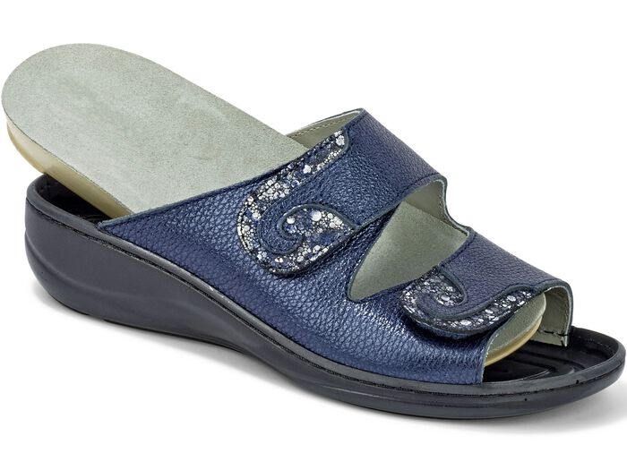 Mubb, bequeme Damen-Pantoletten, Weite H, mit herausnehmbarem Fußbett STAHLBLAU