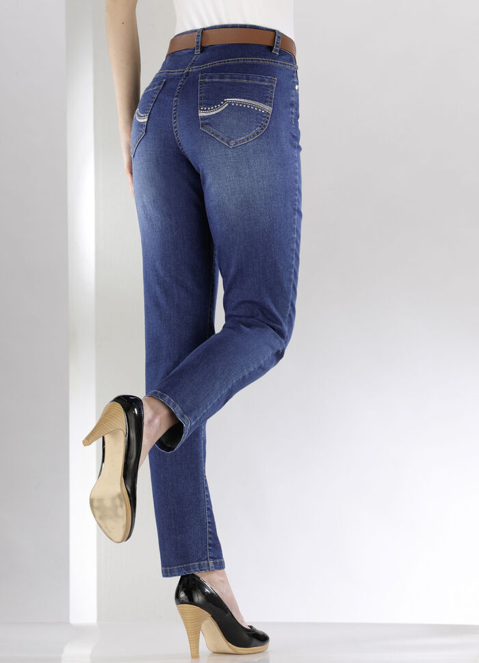 Jeans mit schönen Stickereien und funkelnden Strassteinen JEANSBLAU