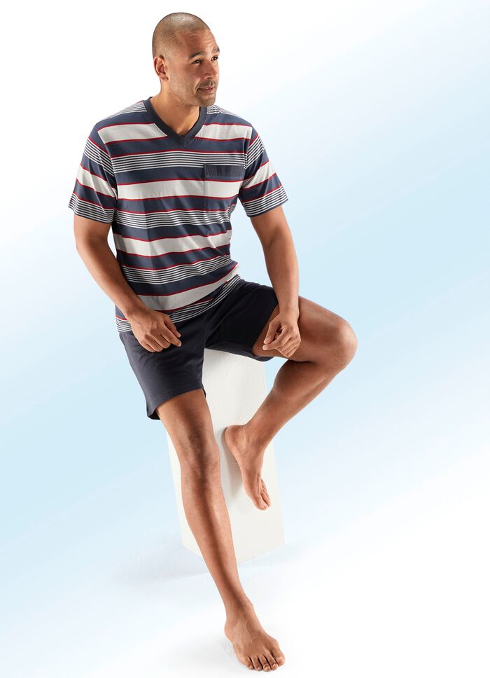 Zweierpack Shortys mit V-Ausschnitt, Brusttasche, garngef&auml;rbtem Ringeldessin 