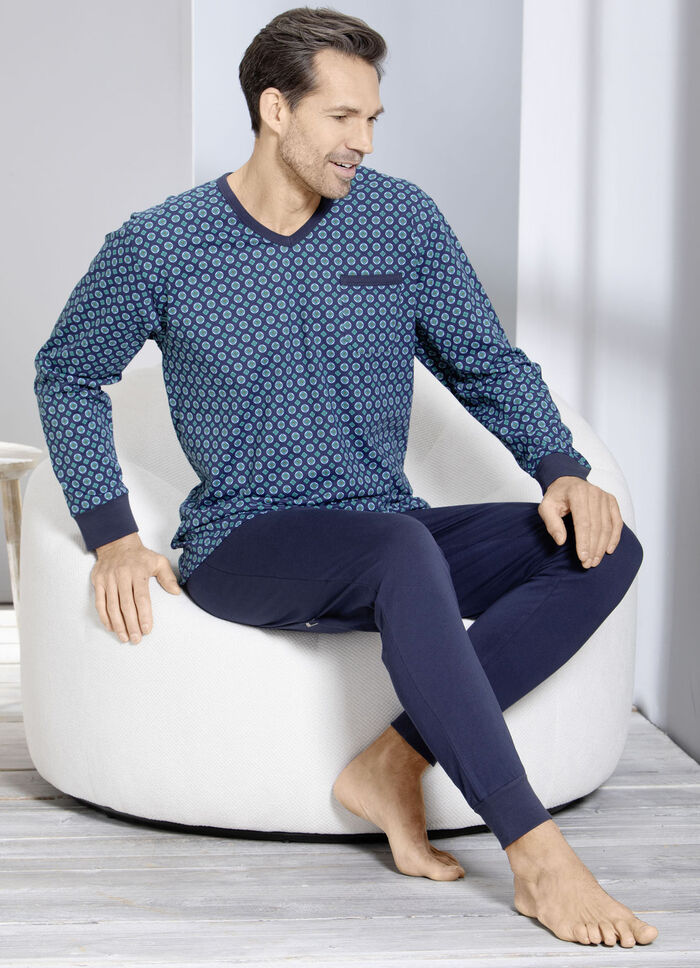 Schlafanzug mit V-Ausschnitt und B&uuml;ndchenabschl&uuml;ssen  