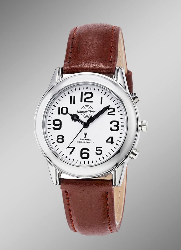Funk-Herrenuhr mit Lederband und sprechender Zeitansage 