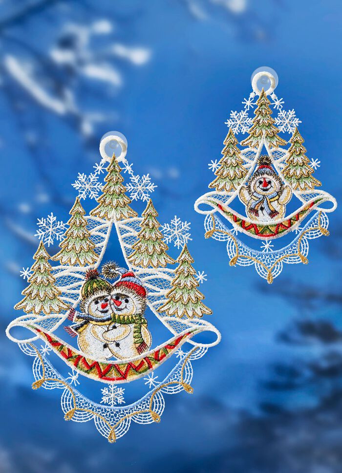 Fensterbilder Schneem&auml;nner aus echter Plauener Spitze 