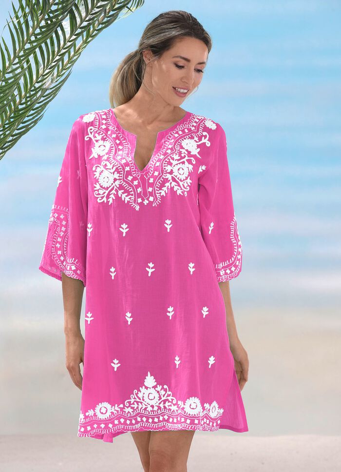 Tunika mit wei&szlig;er Stickerei sowie Seitenschlitzen, reine Baumwolle FUCHSIA-WEISS