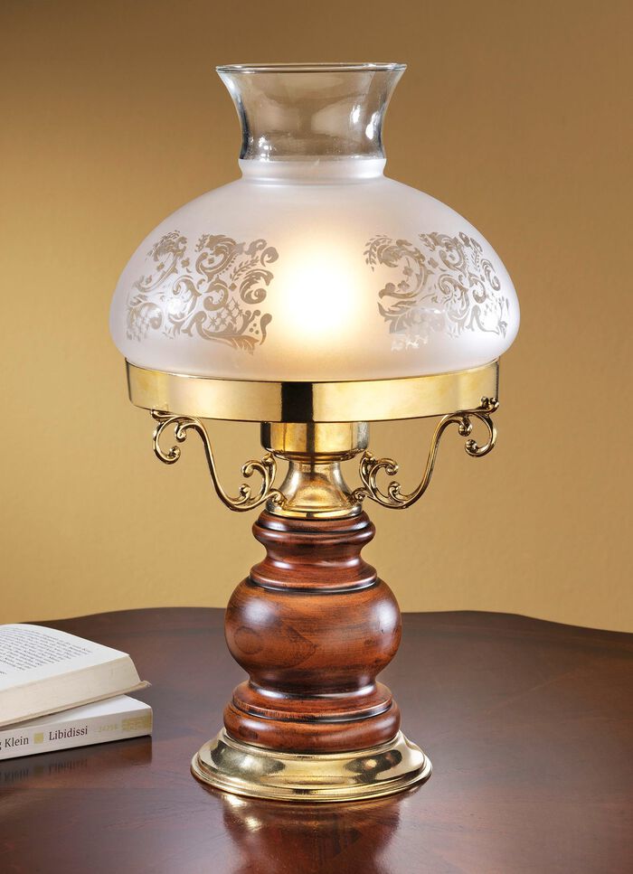 Tischleuchte aus massivem Messing mit Fu&szlig; aus massivem Erlenholz 