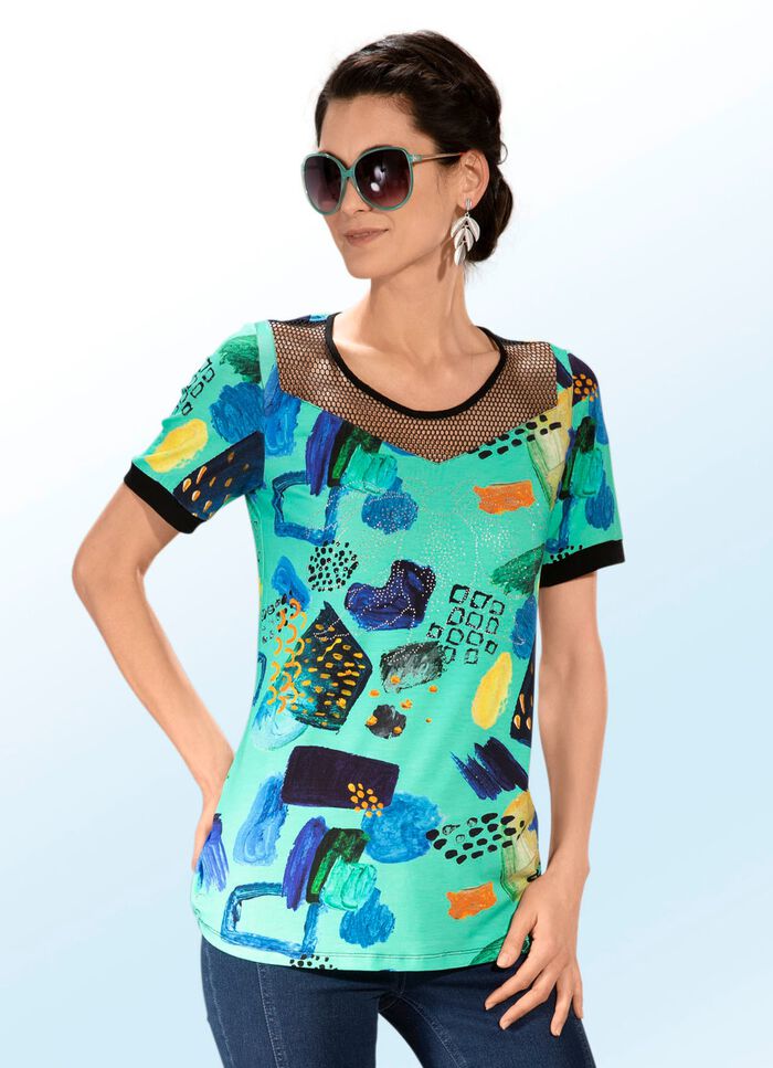 Shirt mit schwarzem Netz-Jersey-Einsatz  GR&Uuml;N-BUNT