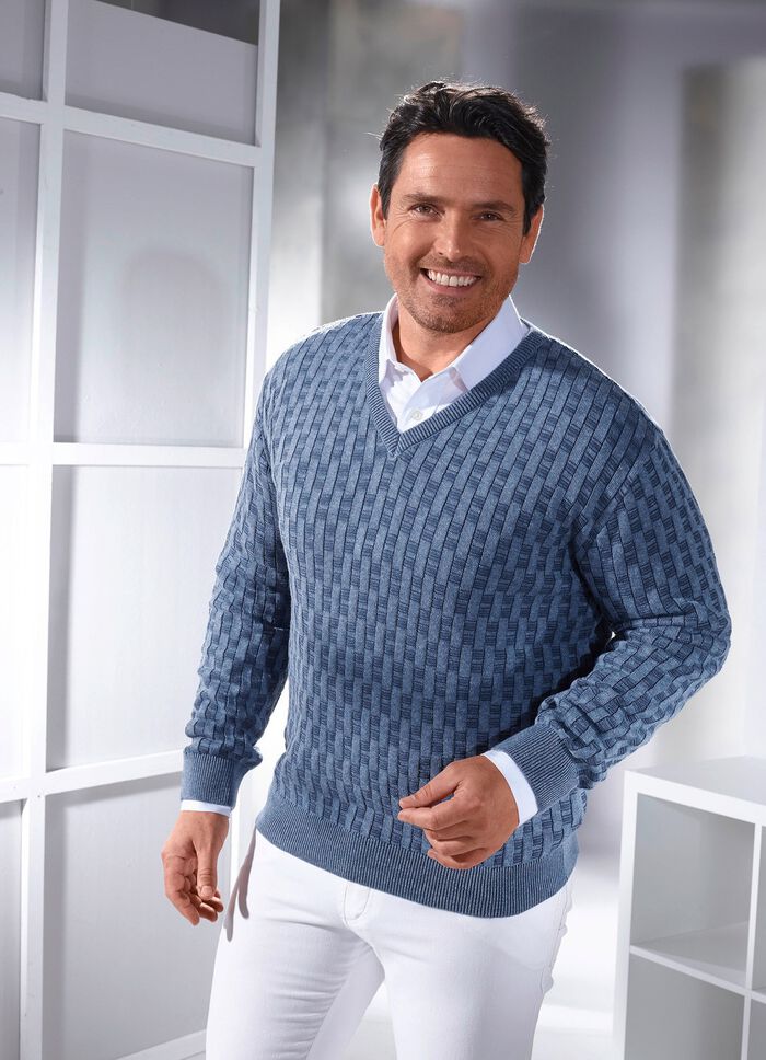 V-Pullover mit Strukturmuster in 3 Farben 