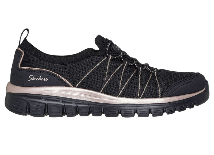 SKECHERS,  trendige Damen-Slipper, aus gestricktem Mesh-Material SCHWARZ-ROSÉGOLD