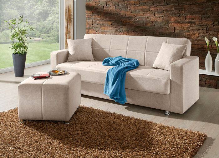 Klick-Klack-Sofa mit Hocker und Dekokissen 