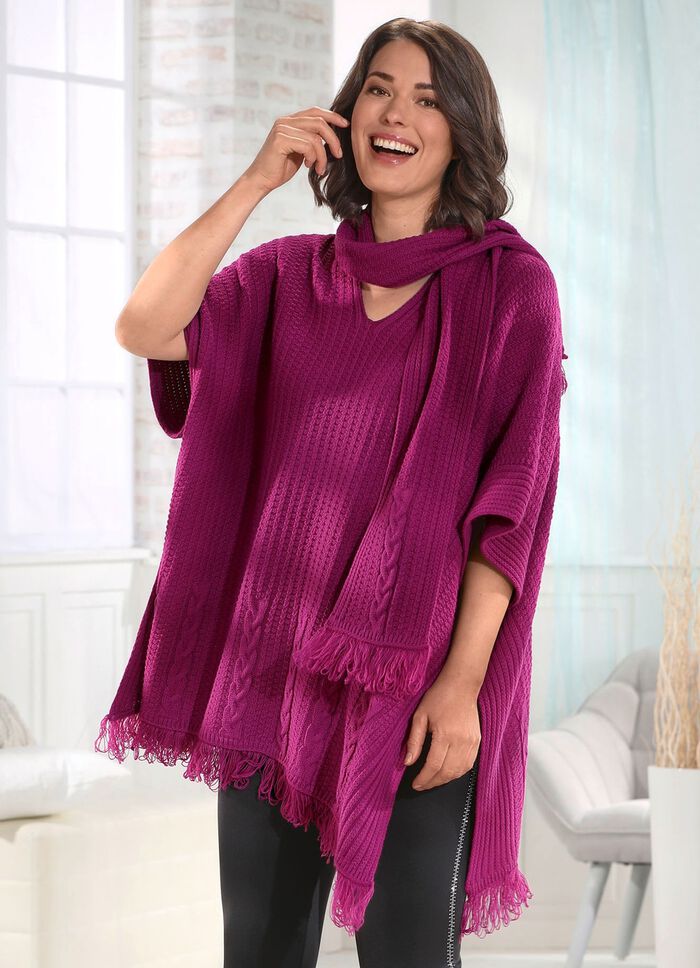 Strick-Poncho mit angesetztem Schal 