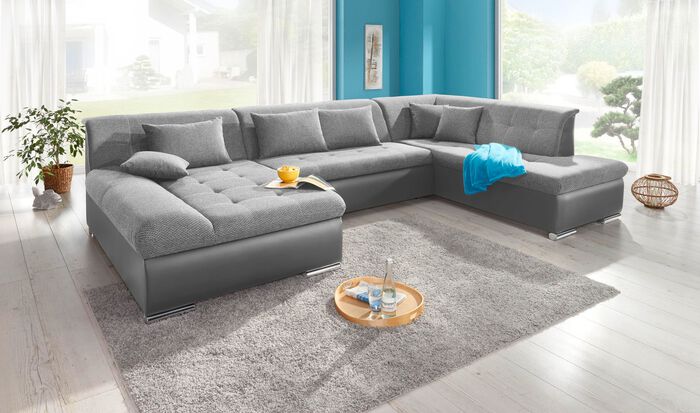 Wohnlandschaft mit Bettfunktion GRAU-SILBER